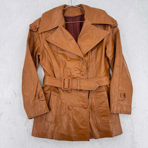 Vintage 70s Leather Jacket Brown Double Breasted Belted Union Made in USA Retro